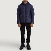 Erico Blue Hooded Puffer Skinnjakke for Herre - Lateral Side Profile View Showing Sleeve Cut &amp; Athletic Taper Fit