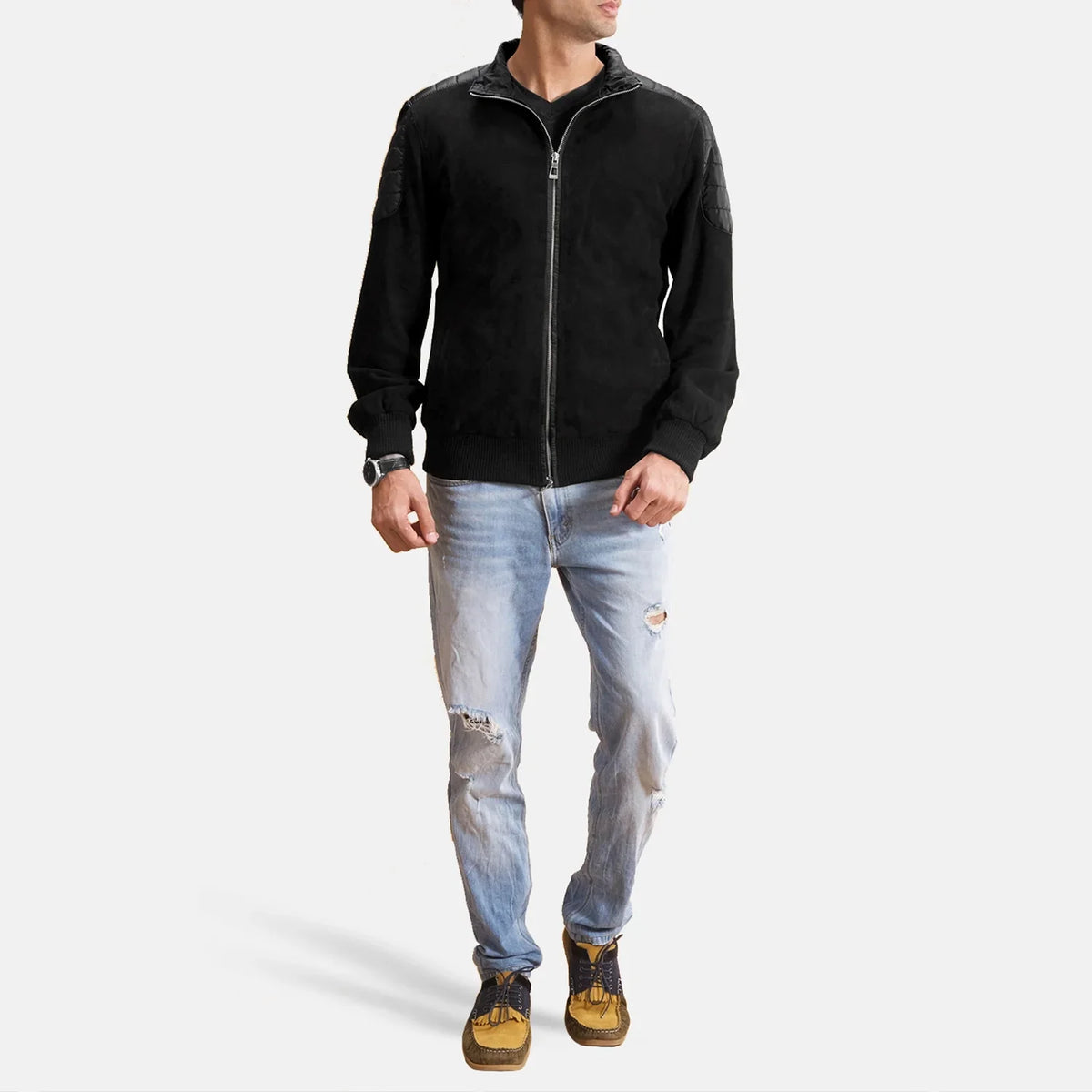 Men's Ethan Hybrid Suede Bomberjakke i Skinn for Herre - Lateral Side Profile View Showing Sleeve Cut &amp; Athletic Taper Fit
