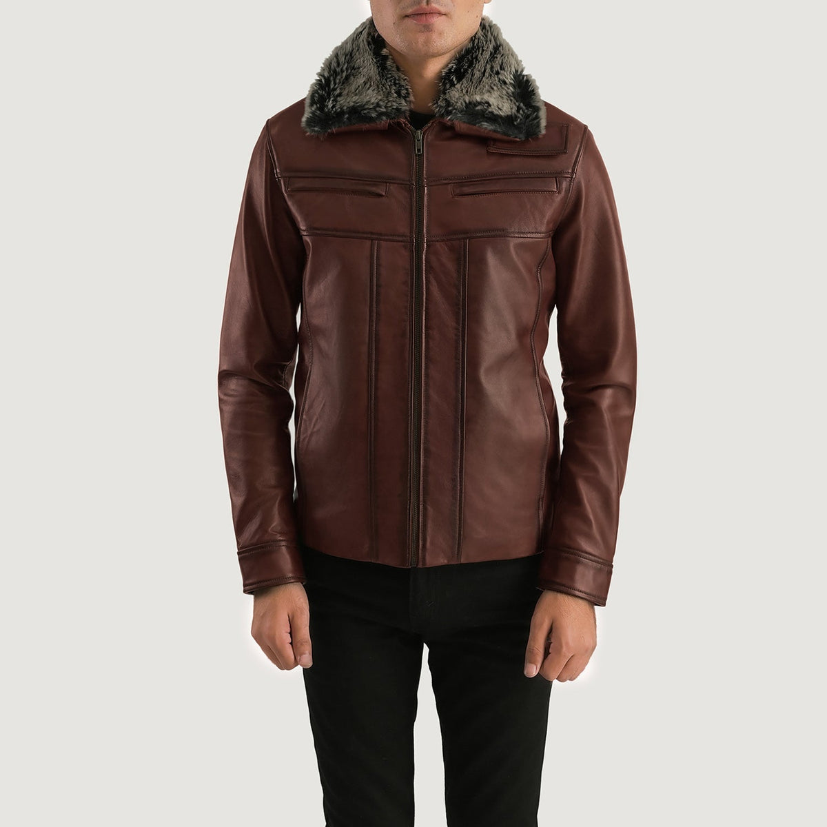 Men's Evan Hart Fur Brun Skinnjakke for Herre in Distressed Brown Sheepskin Burnishing - Front Profile View &amp; Tailored Silhouette | Buy Online