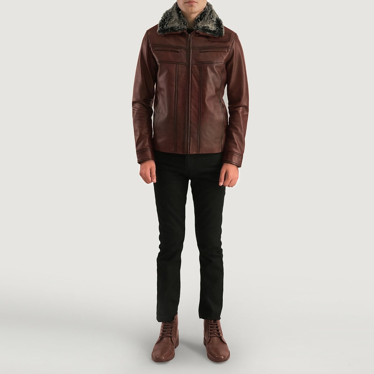 Close-Up Detail of Shirt &amp; Zipper Hardware on Men's Evan Hart Fur Brun Skinnjakke for Herre