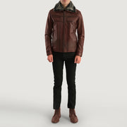Close-Up Detail of Shirt &amp; Zipper Hardware on Men's Evan Hart Fur Brun Skinnjakke for Herre