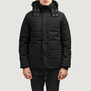 Exton Svart Hooded Down Puffer Skinnjakke for Herre in Black Full-Grain Leather - Front Profile View &amp; Tailored Silhouette | Buy Online