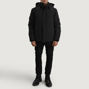 Close-Up Detail of Classic Collar &amp; Zipper With Placket. Hardware on Exton Svart Hooded Down Puffer Skinnjakke for Herre