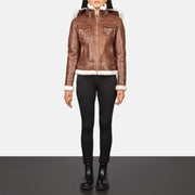 Women's Fiona Brown Hooded Shearling Leather Jacket - Lateral Side Profile View Showing Sleeve Cut &amp; Athletic Taper Fit