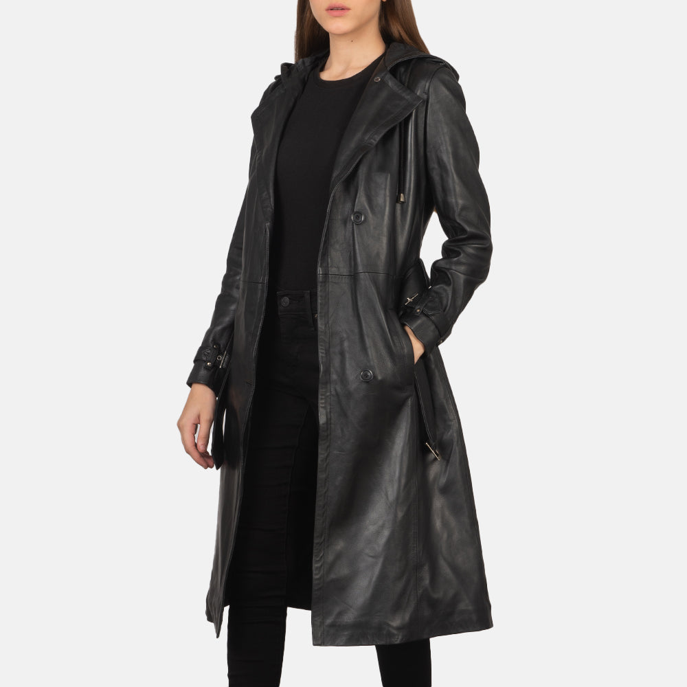 
Fixon Hooded Black Trench Coat in Black Sheepskin Leather - Front Profile View & Tailored Silhouette | Buy Online