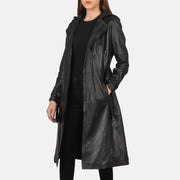 
Fixon Hooded Black Trench Coat in Black Sheepskin Leather - Front Profile View & Tailored Silhouette | Buy Online