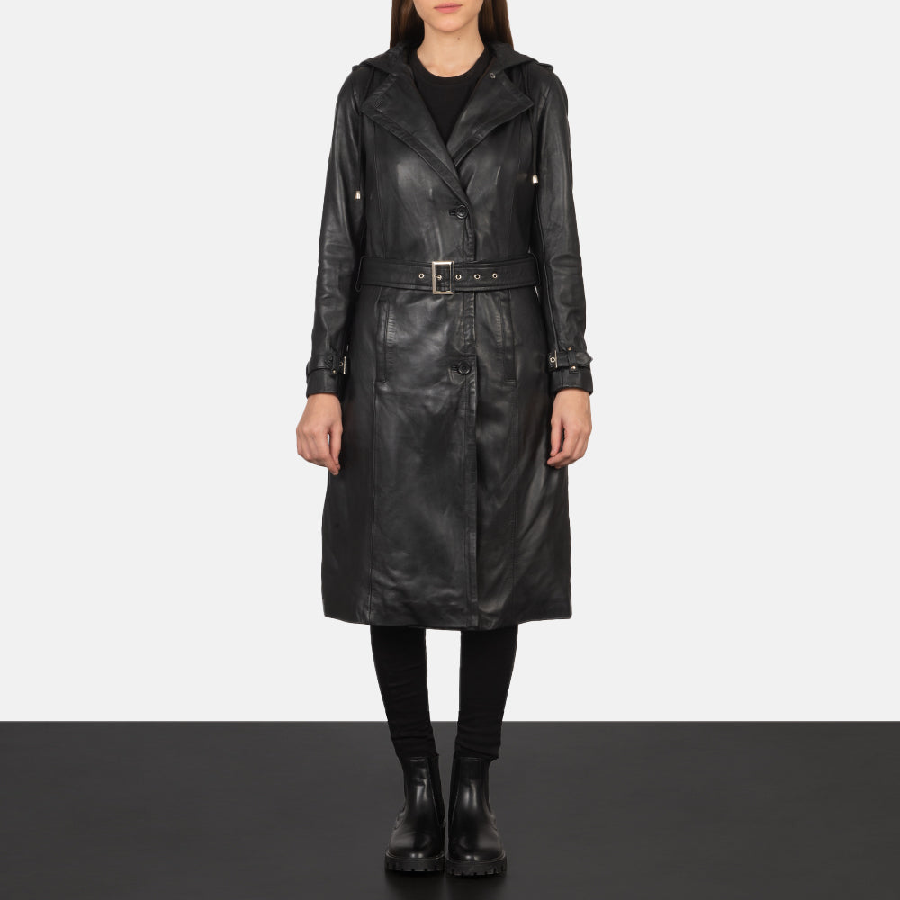 
Fixon Hooded Black Trench Coat - Lateral Side Profile View Showing Sleeve Cut & Athletic Taper Fit