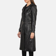 
Close-Up Detail of Hooded & Button + Belt Hardware on Fixon Hooded Black Trench Coat