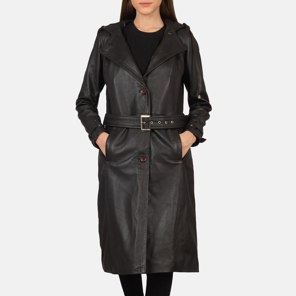
Fixon Hooded Brown Trench Coat in Brown Sheepskin Leather - Front Profile View & Tailored Silhouette | Buy Online