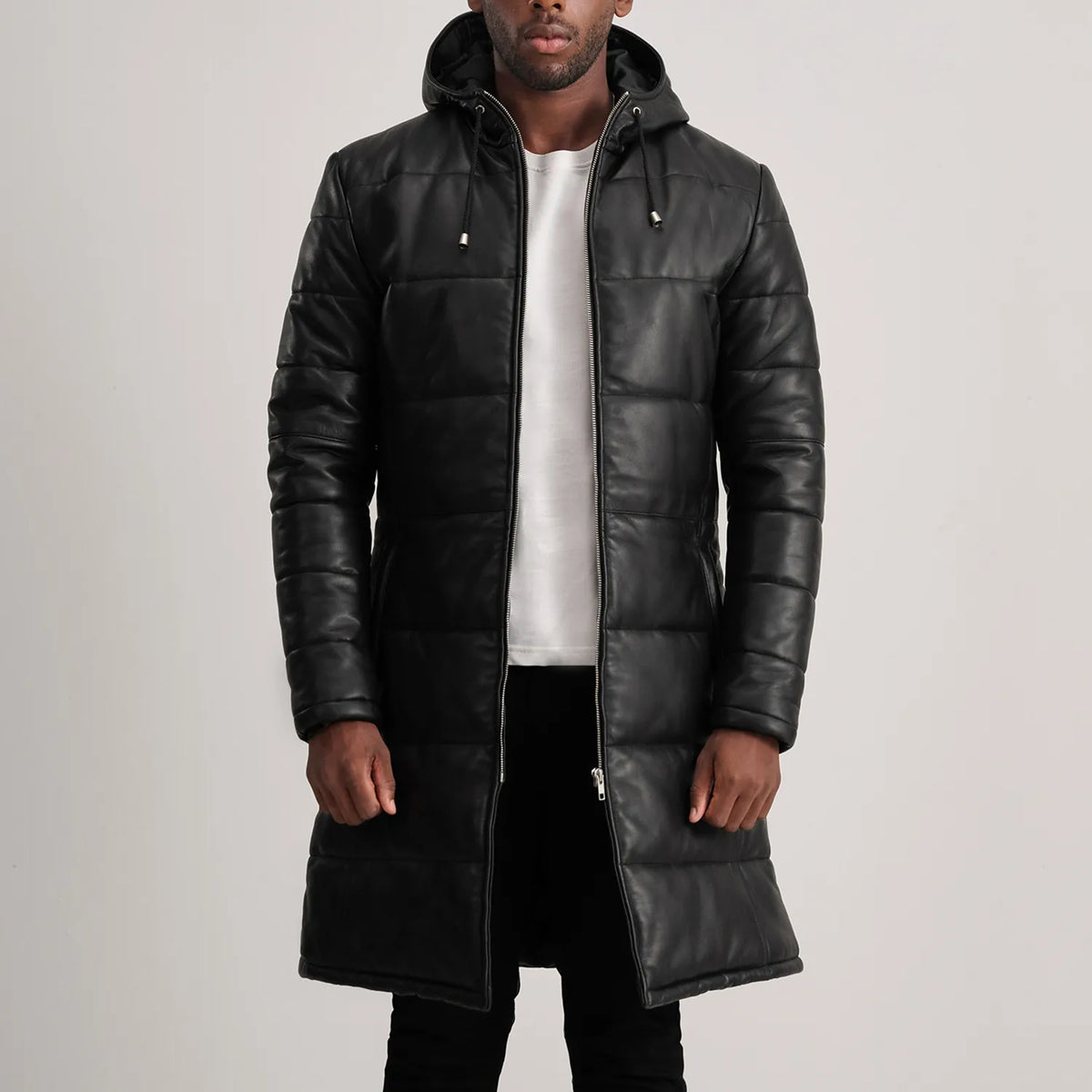 
Floyd Tan Hooded Leather Puffer Coat in Tan Brown Sheepskin Leather - Front Profile View & Tailored Silhouette | Buy Online