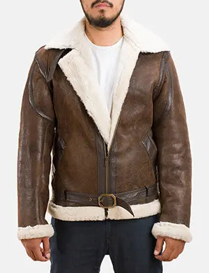 Men's Forest Double Face Saueskinnjakke for Herre in Distressed Brown Sheepskin Leather - Front Profile View &amp; Tailored Silhouette | Buy Online