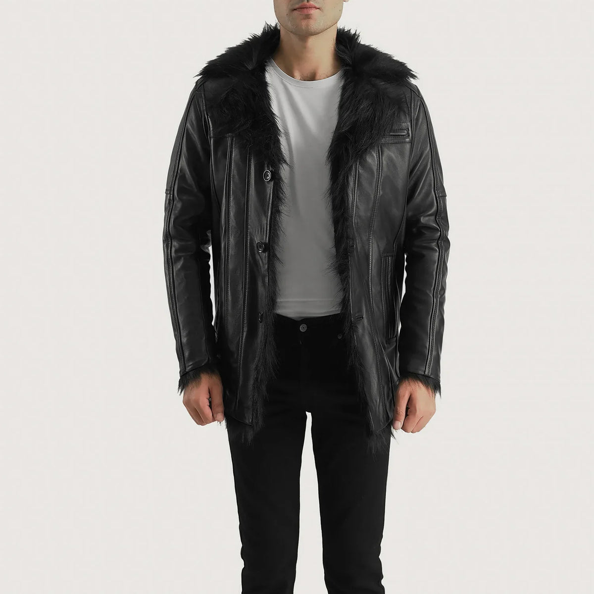 Men's Furcliff Svart Skinnkåpe for Herre - Lateral Side Profile View Showing Sleeve Cut &amp; Athletic Taper Fit