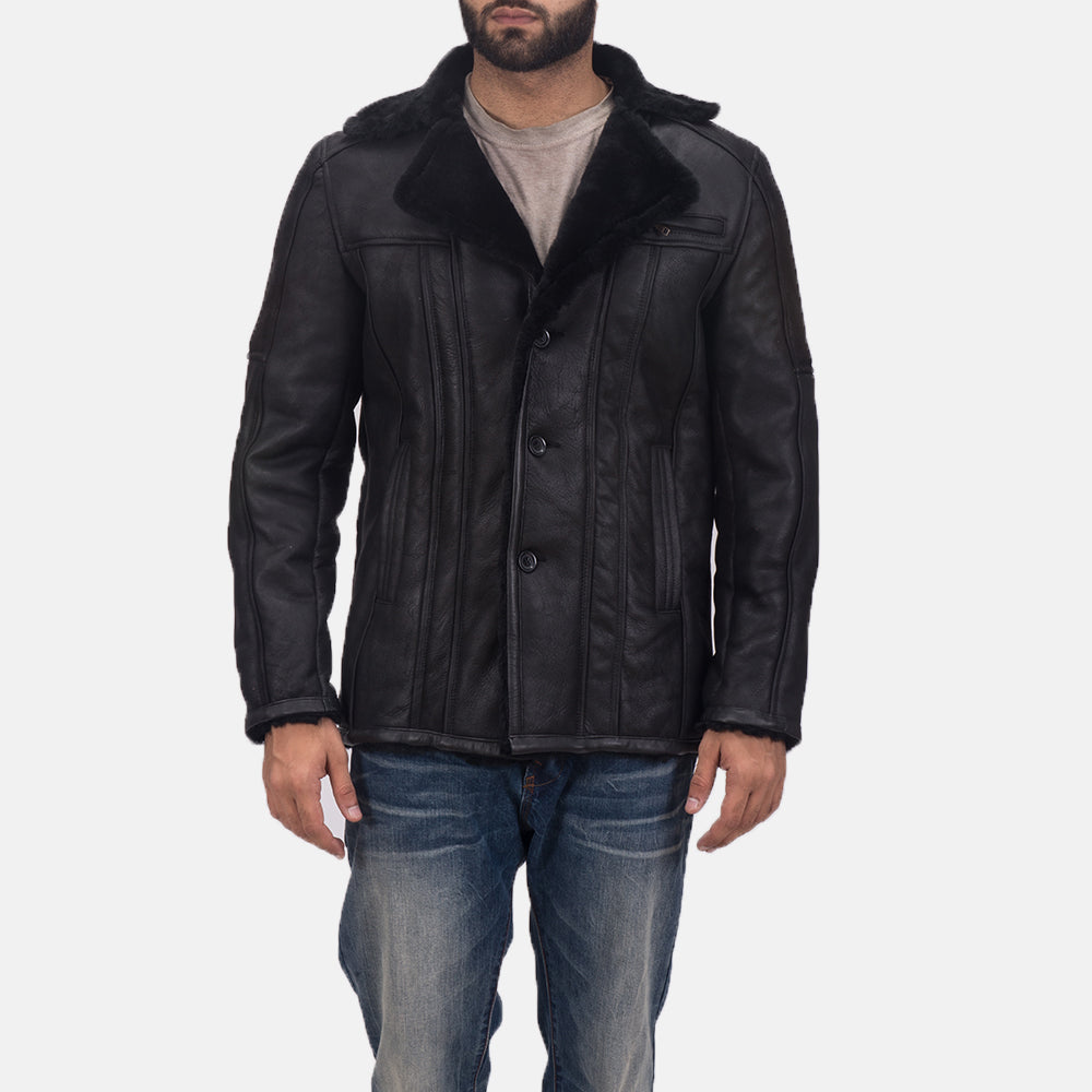 
Furcliff Double Face Shearling Leather Coat - Lateral Side Profile View Showing Sleeve Cut & Athletic Taper Fit