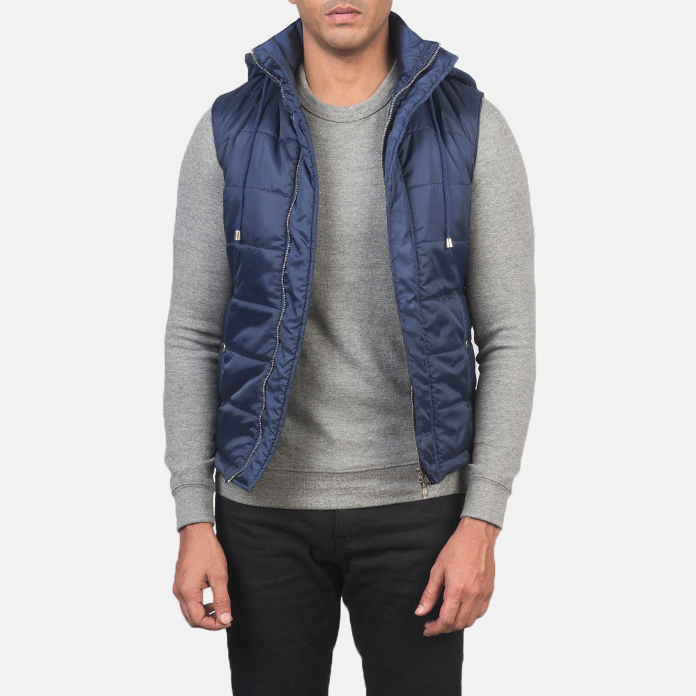 
Fuston Blue Hooded Puffer Vest in Blue Nylon (Water-Resistant) - Front Profile View & Tailored Silhouette | Buy Online