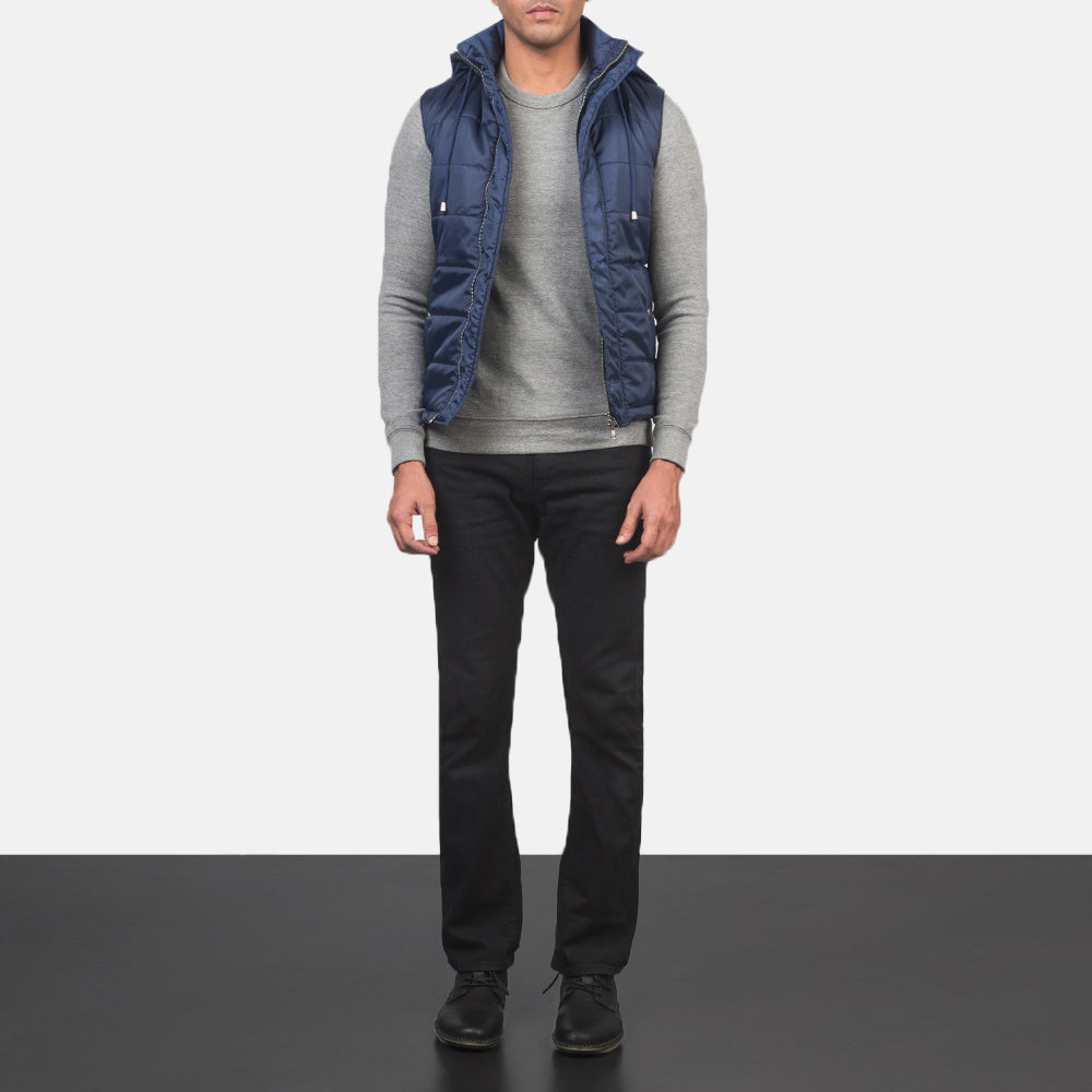 
Fuston Blue Hooded Puffer Vest - Lateral Side Profile View Showing Sleeve Cut & Athletic Taper Fit