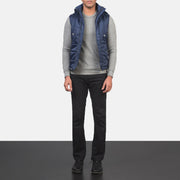 
Fuston Blue Hooded Puffer Vest - Lateral Side Profile View Showing Sleeve Cut & Athletic Taper Fit