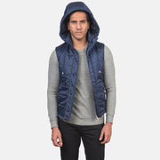 
Close-Up Detail of Band with Removable Hood & Zipper with dual puller and wind flap Hardware on Fuston Blue Hooded Puffer Vest