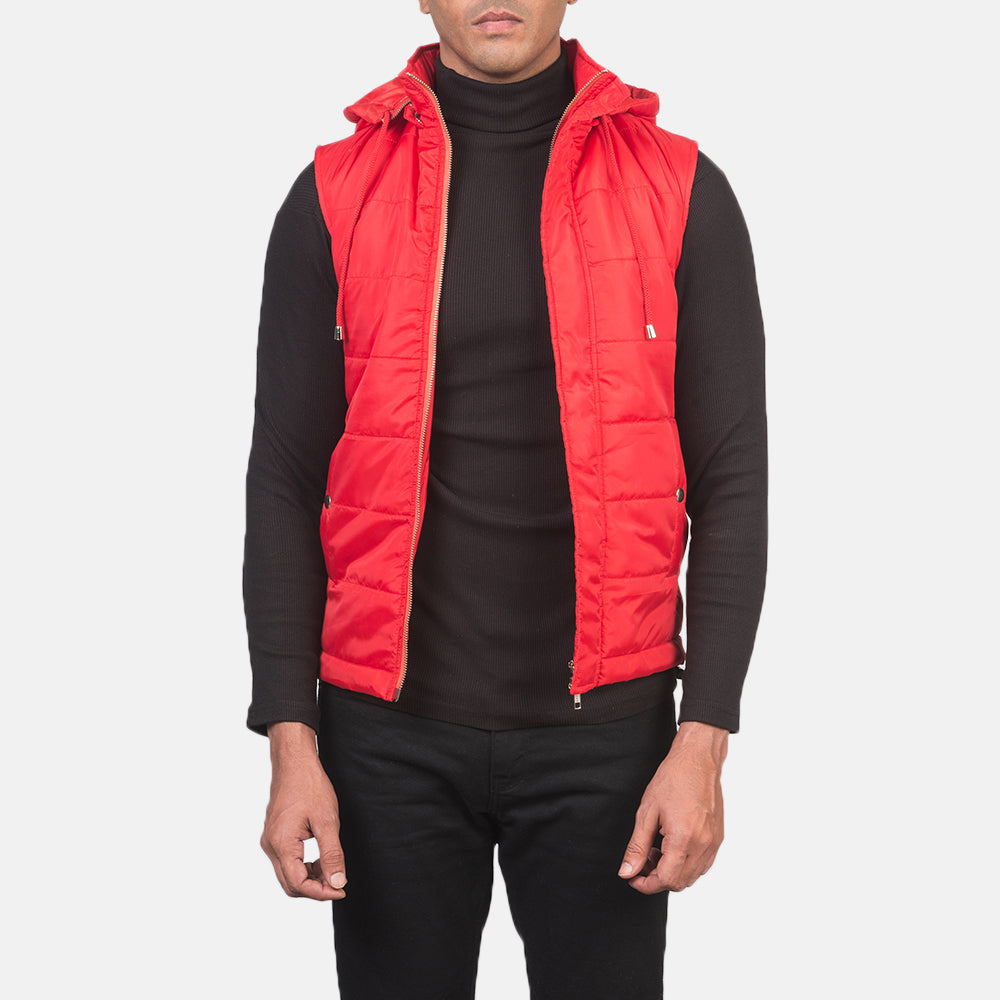 
Fuston Red Hooded Puffer Vest in Red Nylon - Front Profile View & Tailored Silhouette | Buy Online