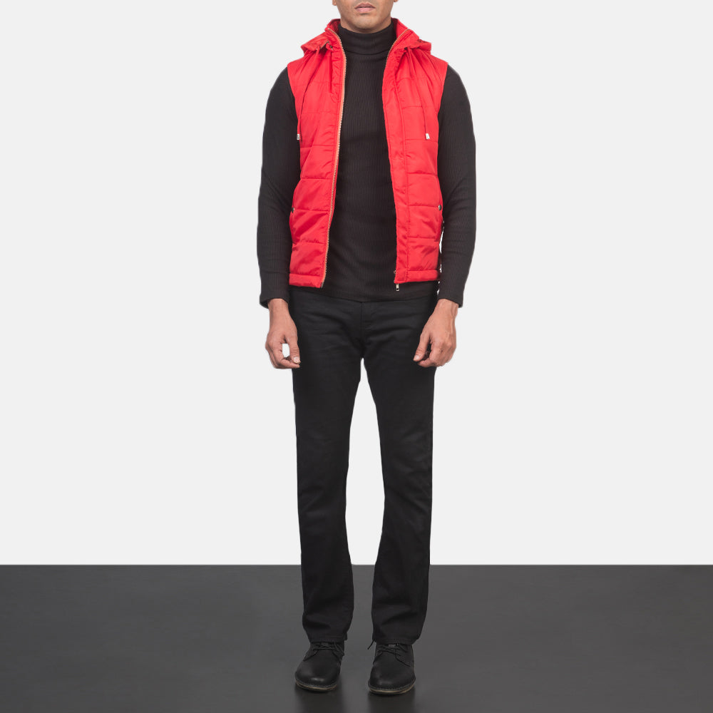 
Fuston Red Hooded Puffer Vest - Lateral Side Profile View Showing Sleeve Cut & Athletic Taper Fit