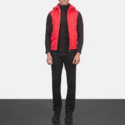 
Fuston Red Hooded Puffer Vest - Lateral Side Profile View Showing Sleeve Cut & Athletic Taper Fit