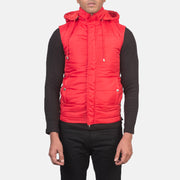 
Close-Up Detail of Band with Removable Hood & Zipper with dual puller and wind flap Hardware on Fuston Red Hooded Puffer Vest
