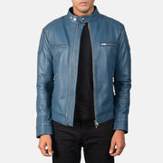 Men's Gatsby Quilted Blue Leather Biker Jacket in Blue Sheepskin Leather - Front Profile View &amp; Tailored Silhouette | Buy Online
