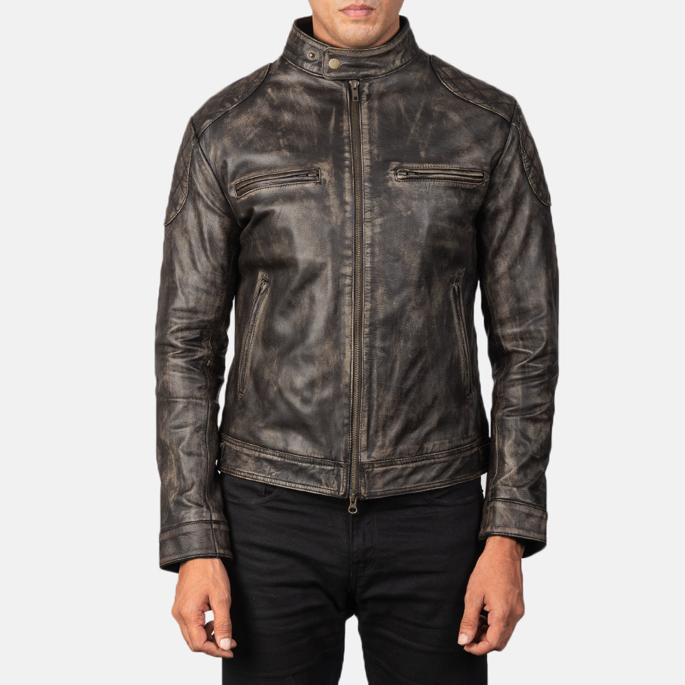 
Gatsby Quilted Distressed Brown Leather Jacket - Lateral Side Profile View Showing Sleeve Cut & Athletic Taper Fit