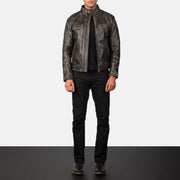 
Close-Up Detail of Band with snap buttons & Zipper Hardware on Gatsby Quilted Distressed Brown Leather Jacket