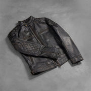 
Zipper & Hem Craftsmanship Construction Detail on Gatsby Quilted Distressed Brown Leather Jacket