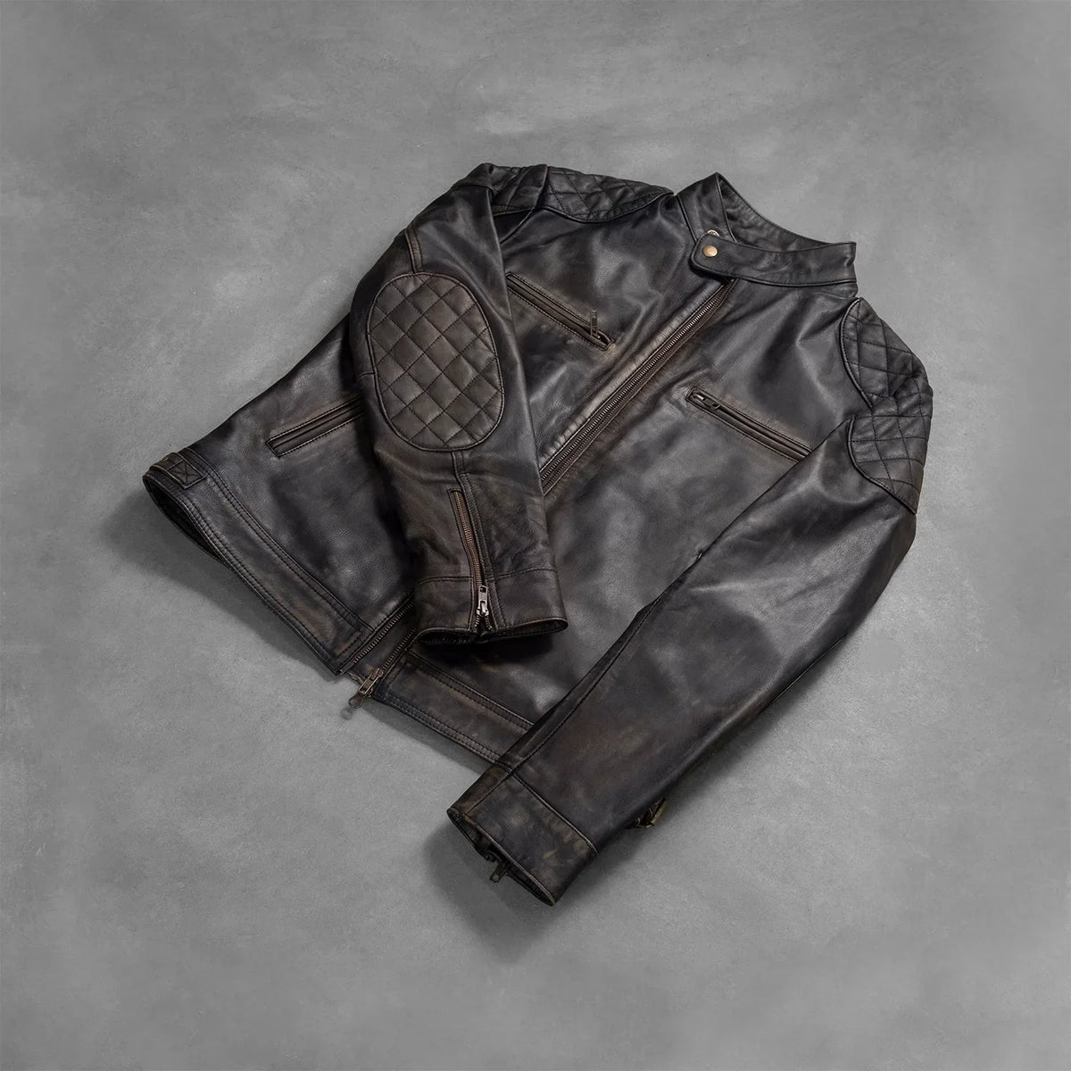 
Styled Fit Perspective of Gatsby Quilted Distressed Brown Leather Jacket on Model - Natural Daylight Drape