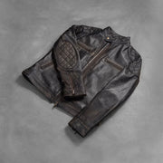 
Styled Fit Perspective of Gatsby Quilted Distressed Brown Leather Jacket on Model - Natural Daylight Drape