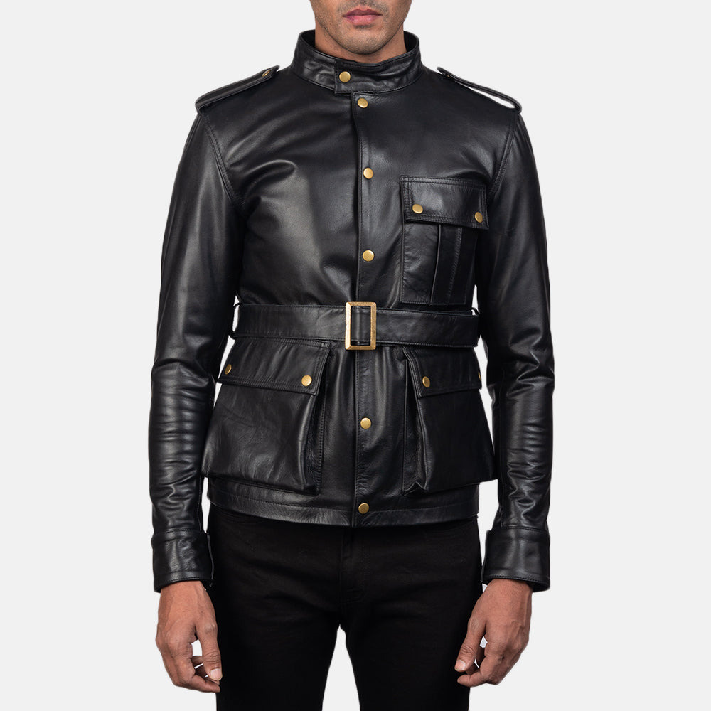Germain Svart Skinnjakke for Herre in Black Cowhide Leather - Front Profile View &amp; Tailored Silhouette | Buy Online