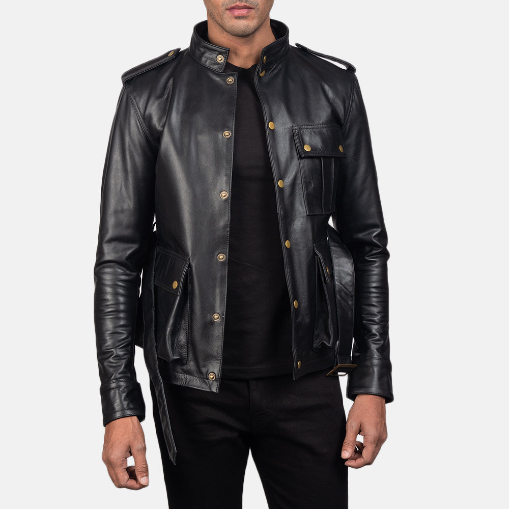 Germain Svart Skinnjakke for Herre - Lateral Side Profile View Showing Sleeve Cut &amp; Athletic Taper Fit