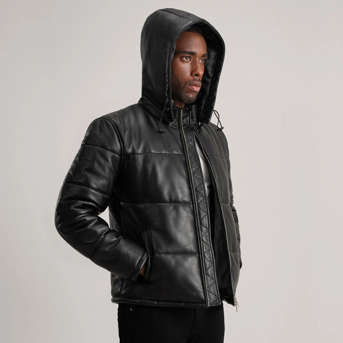 
Tan Brown Sheepskin Leather Hooded Jacket - Back View Showing Tailored Shoulder Fit & Clean Hemline