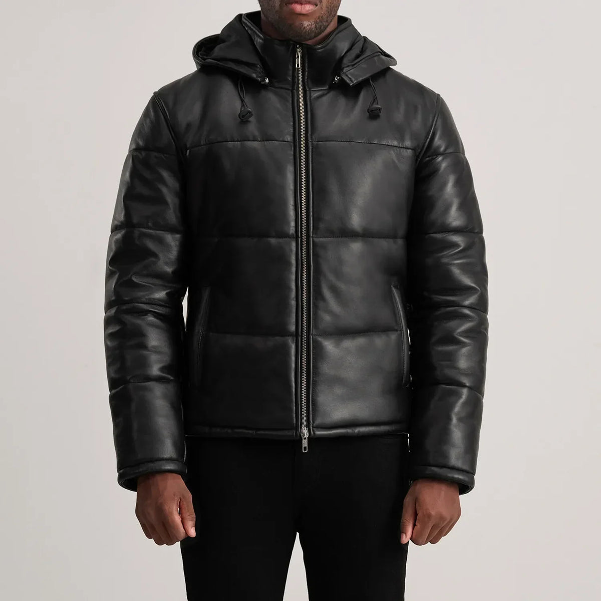 
Close-Up Detail of High neck & Zipper Hardware on Gordon Tan Hooded Leather Puffer Jacket