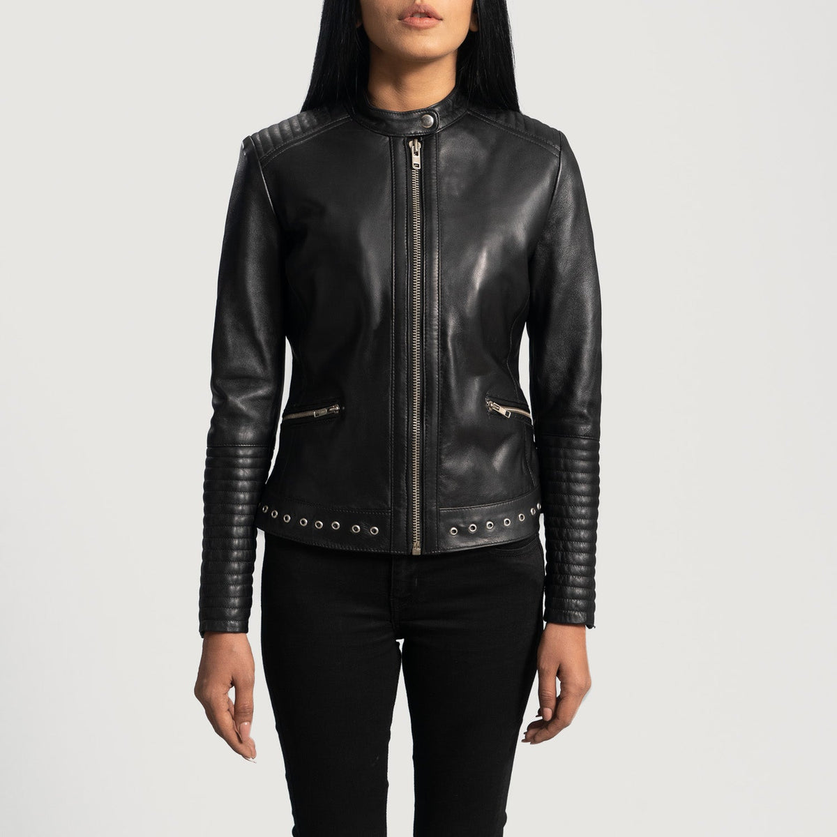 
Haley Ray Black Leather Biker Jacket in Black Sheepskin Leather - Front Profile View & Tailored Silhouette | Buy Online