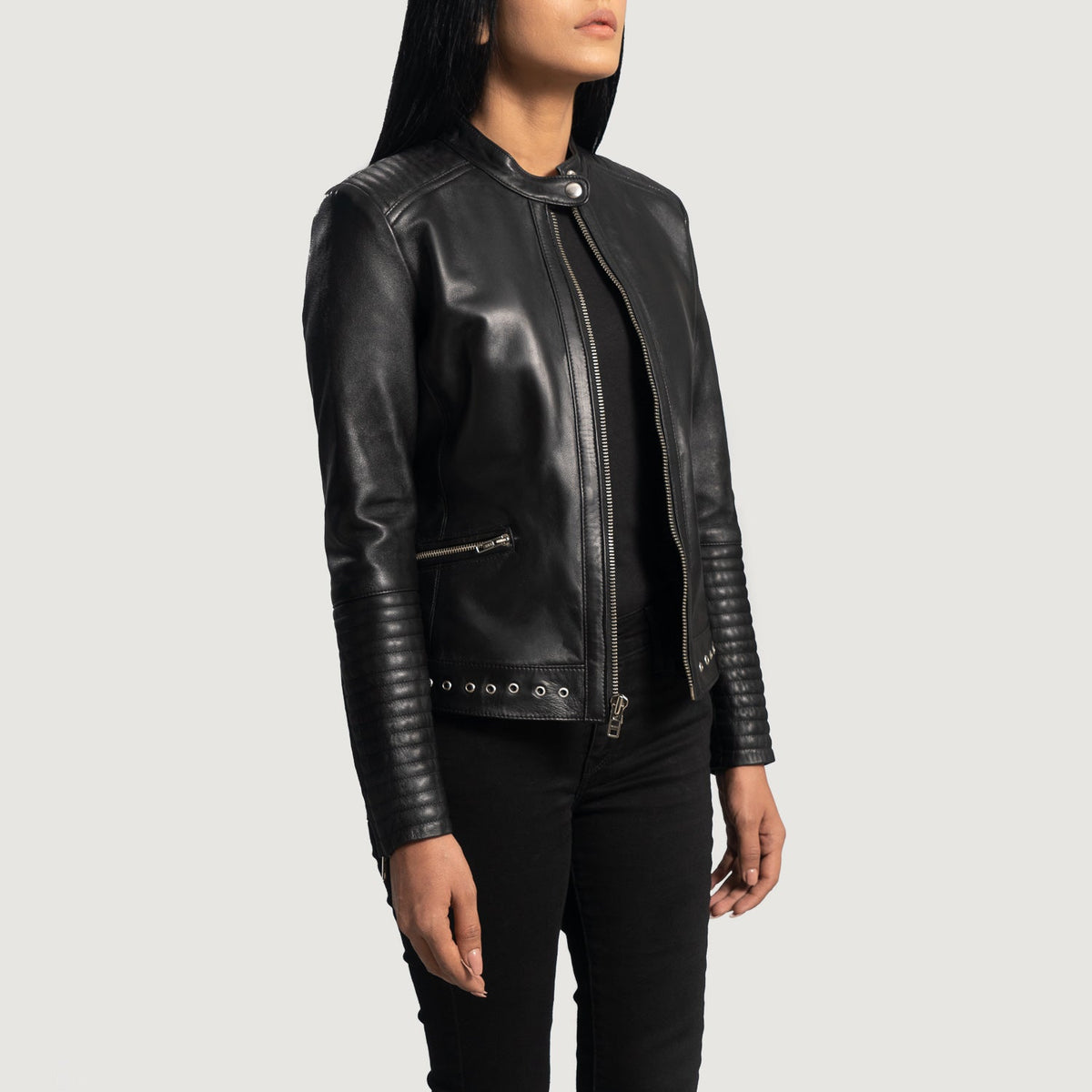 
Haley Ray Black Leather Biker Jacket - Lateral Side Profile View Showing Sleeve Cut & Athletic Taper Fit