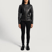 
Close-Up Detail of Band with snap button & Zipper Hardware on Haley Ray Black Leather Biker Jacket
