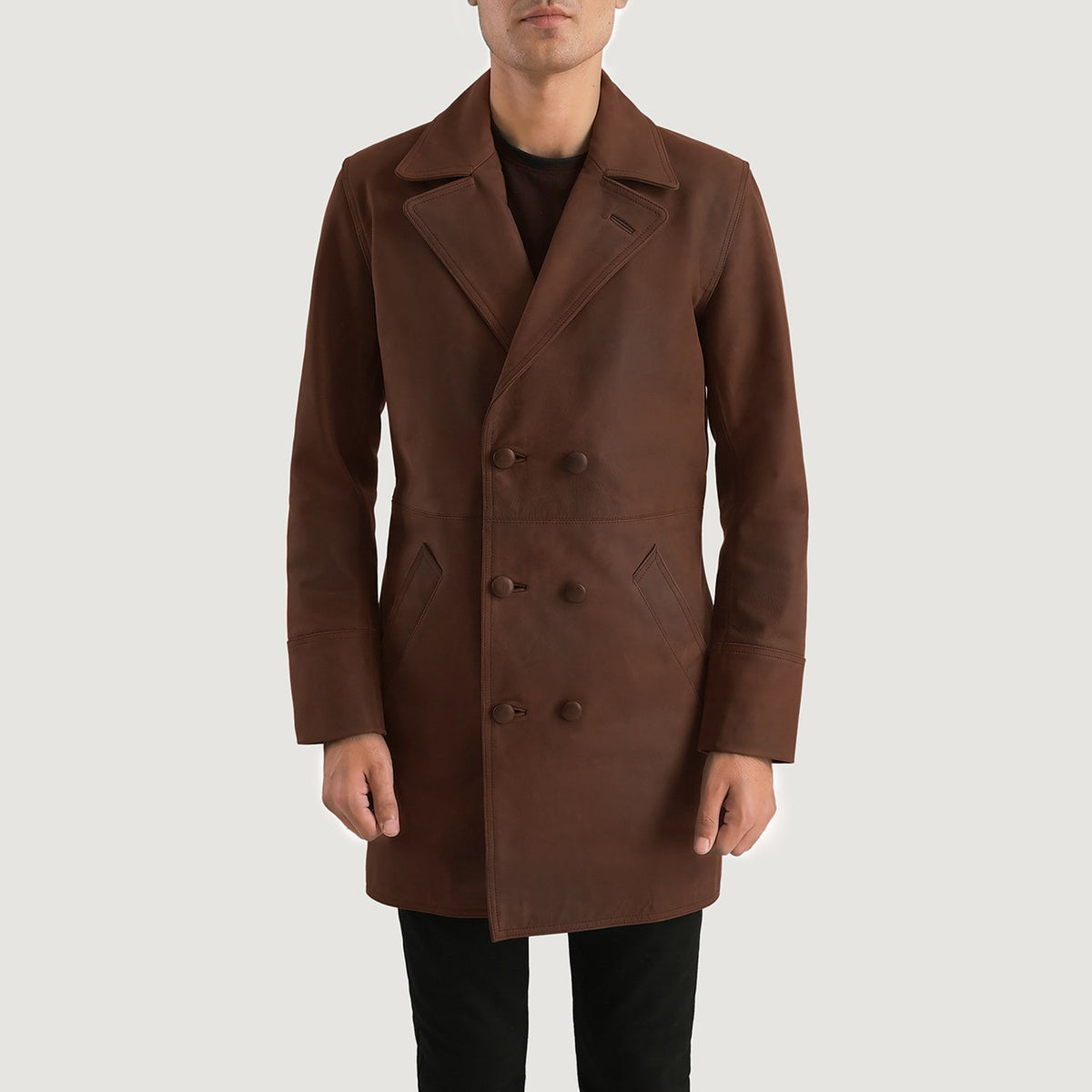 Men's Half Life Brun Skinnkåpe for Herre in Distressed Brown Cowhide Leather - Front Profile View &amp; Tailored Silhouette | Buy Online