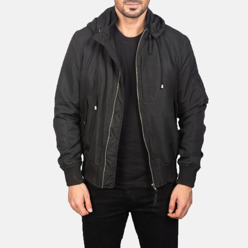 Hanklin MA-1 Svart Hooded Bomberjakke i Skinn for Herre