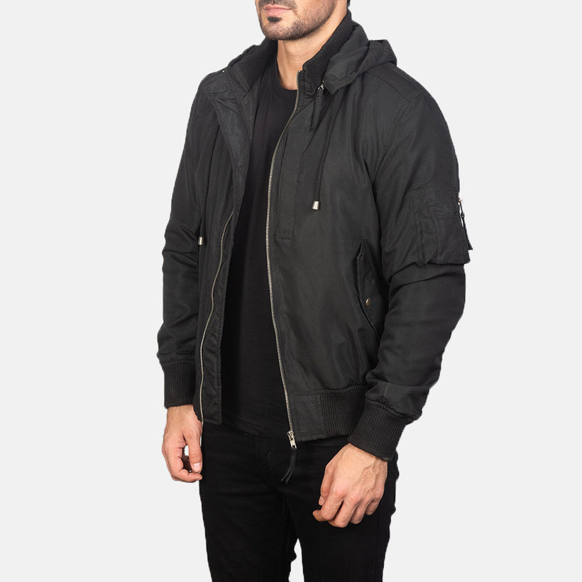 Hanklin MA-1 Svart Hooded Bomberjakke i Skinn for Herre