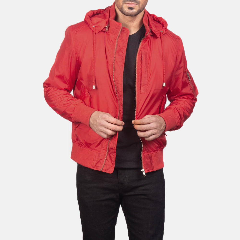 
Hanklin Ma-1 Red Hooded Bomber Jacket in Red Nylon - Front Profile View & Tailored Silhouette | Buy Online