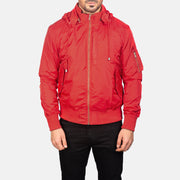 
Close-Up Detail of Knit Rib with Removable Nylon Hood & Zipper Hardware on Hanklin Ma-1 Red Hooded Bomber Jacket
