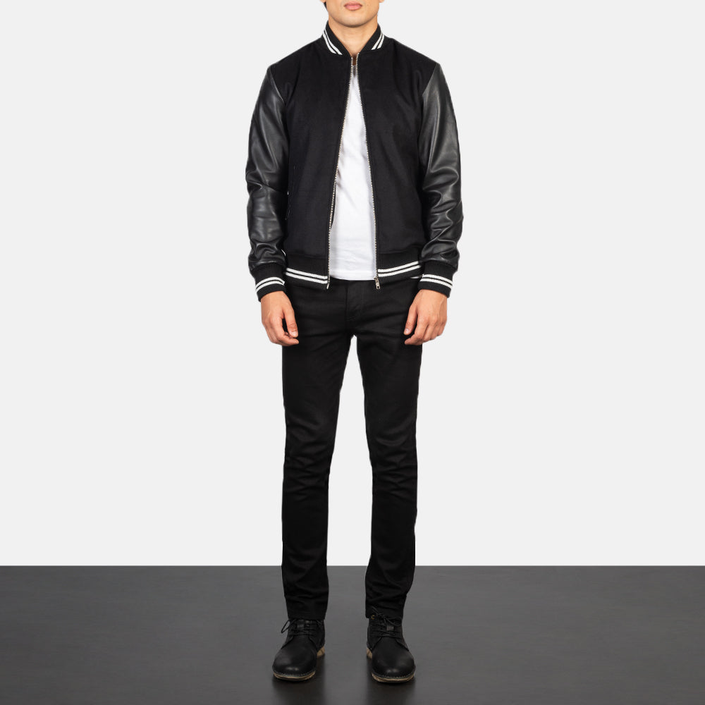 Close-Up Detail of Knit Rib &amp; zipper Hardware on Harrison Svart Hybrid Varsity Skinnjakke for Herre