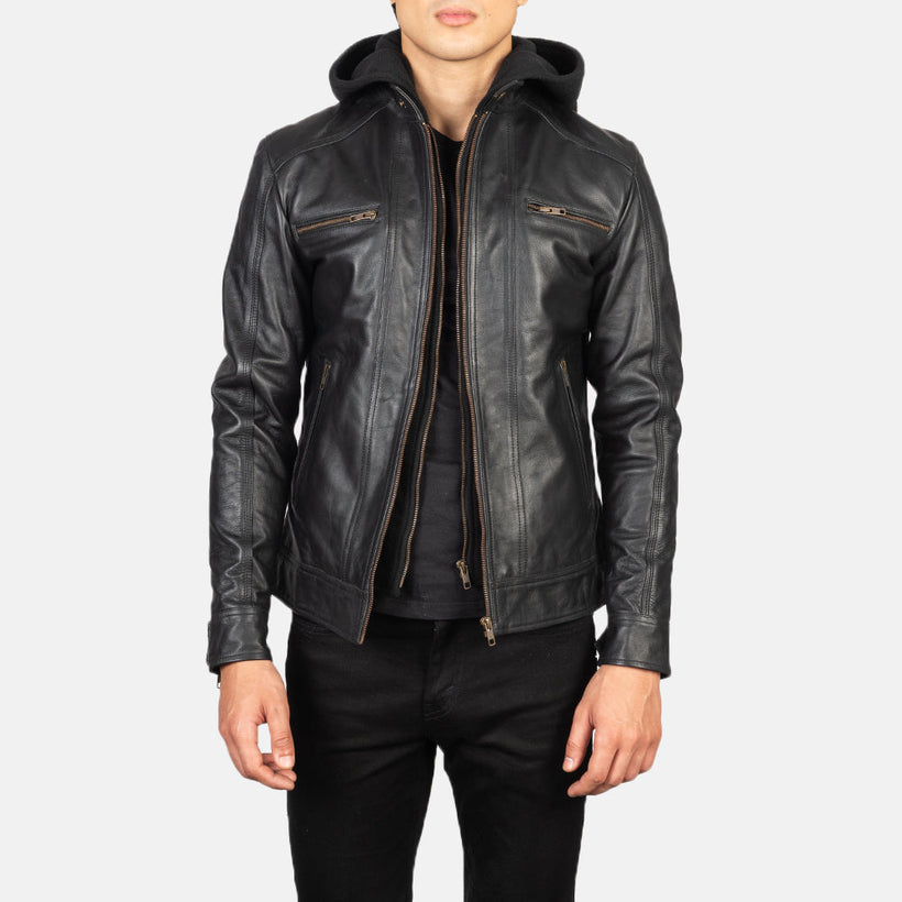 Hector Svart Hooded Bikerjakke i Skinn for Herre