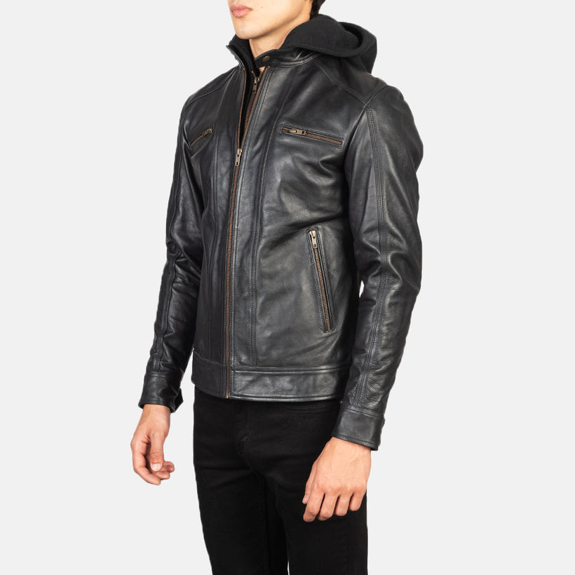 Hector Svart Hooded Bikerjakke i Skinn for Herre