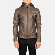 Close-Up Detail of Band with Snap Button &amp; Zipper Hardware on Men's Hector Brun Hooded Bikerjakke i Skinn for Herre
