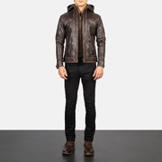 
Hector Vintage Brown Hooded Leather Biker Jacket - Lateral Side Profile View Showing Sleeve Cut & Athletic Taper Fit