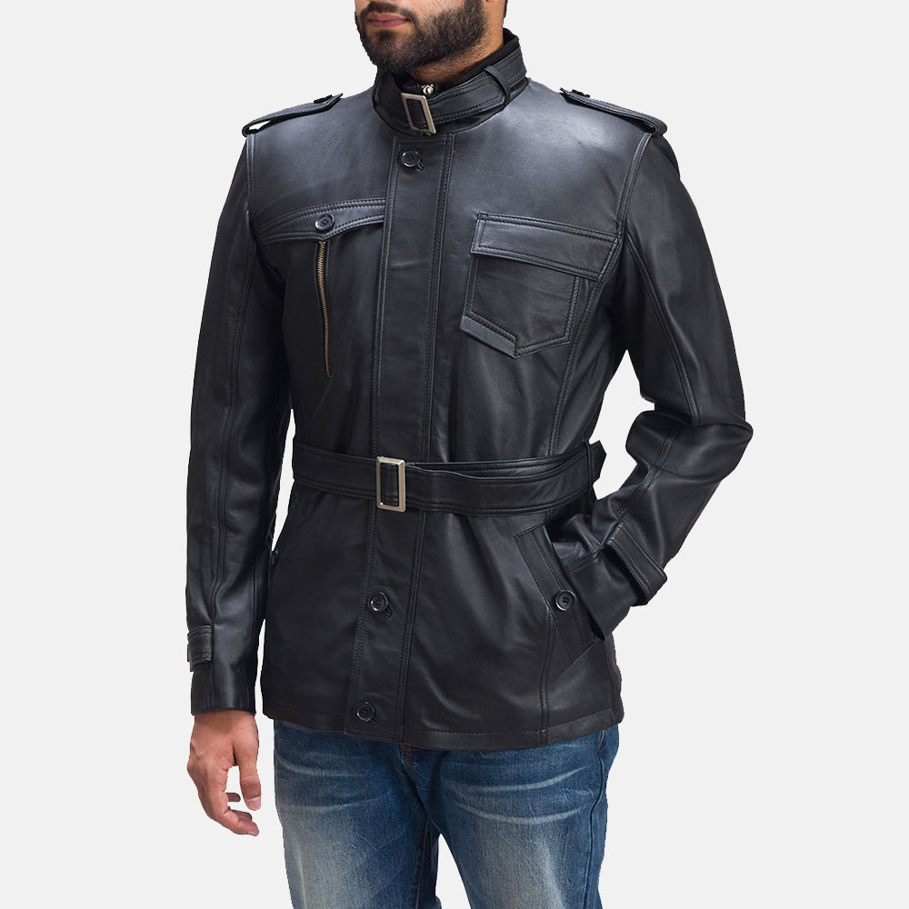 Hunter Svart Skinnjakke for Herre - Lateral Side Profile View Showing Sleeve Cut &amp; Athletic Taper Fit