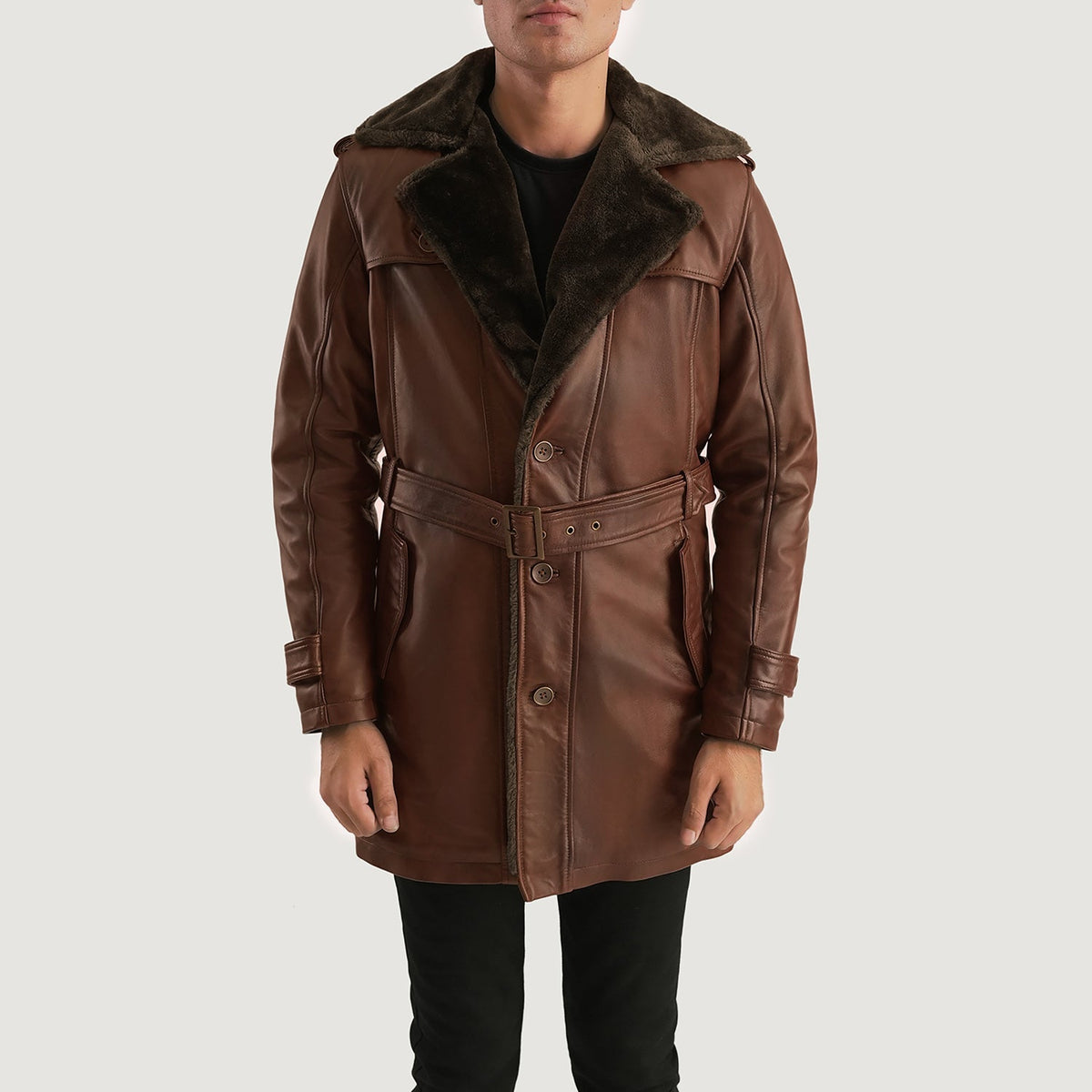 
Hunter Distressed Brown Fur Leather Coat in Distressed Brown Sheepskin Burnishing - Front Profile View & Tailored Silhouette | Buy Online